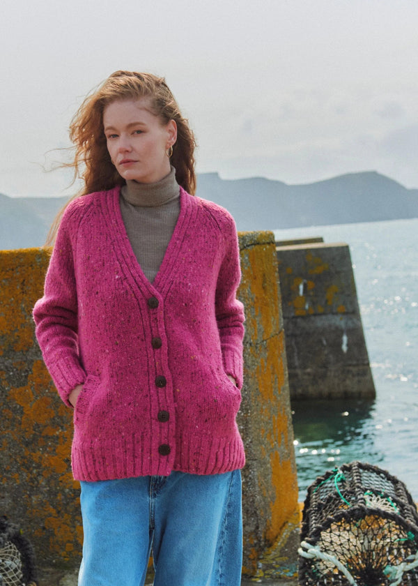 Ladies Donegal Tweed Cardigan with Side Pockets | Pink Heather