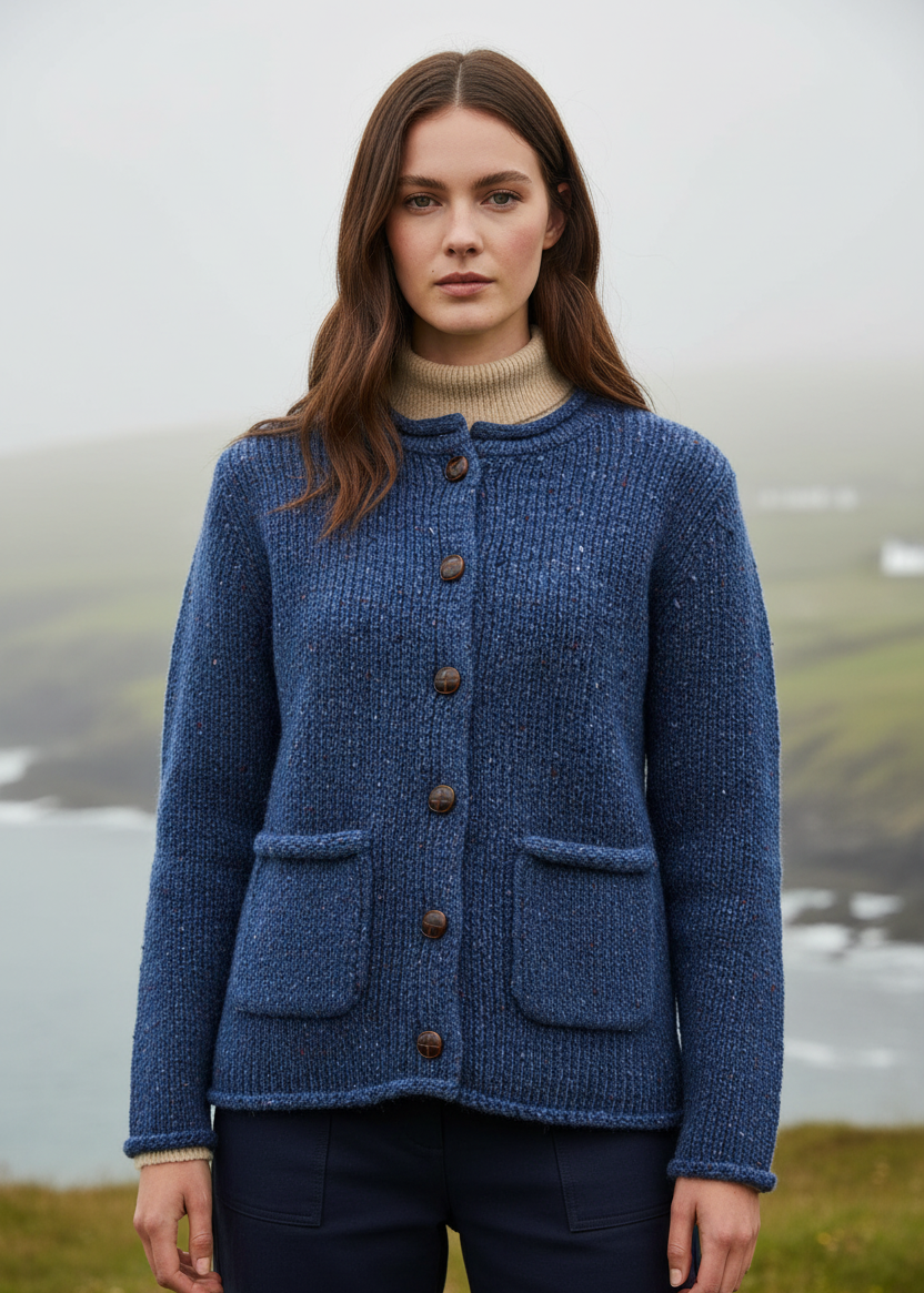 Ladies Donegal Wool Cardigan | Blue Fleck Cable Knit | Aran Woollen Mills