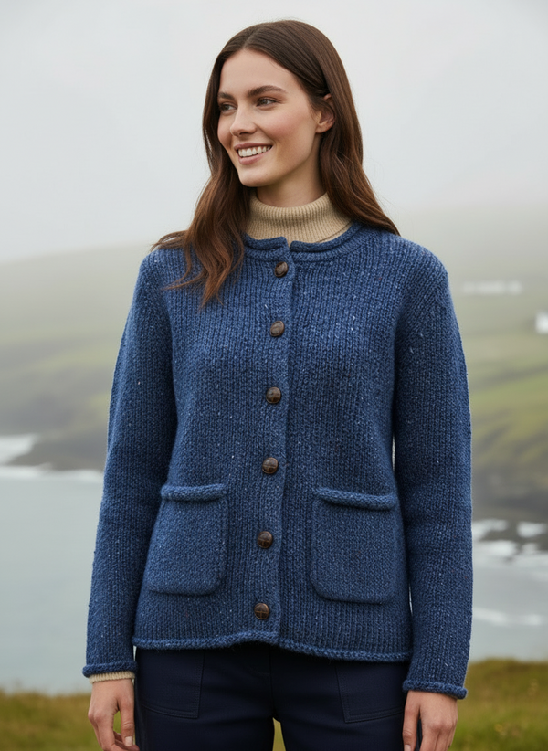 Ladies Donegal Wool Cardigan | Blue Fleck Cable Knit