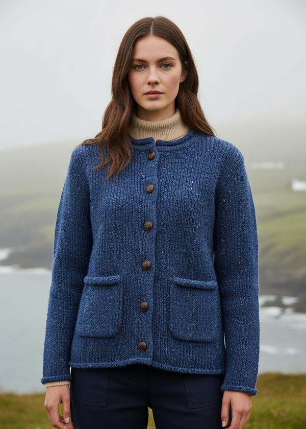 Ladies Donegal Wool Cardigan | Blue Fleck Cable Knit | Aran Woollen Mills