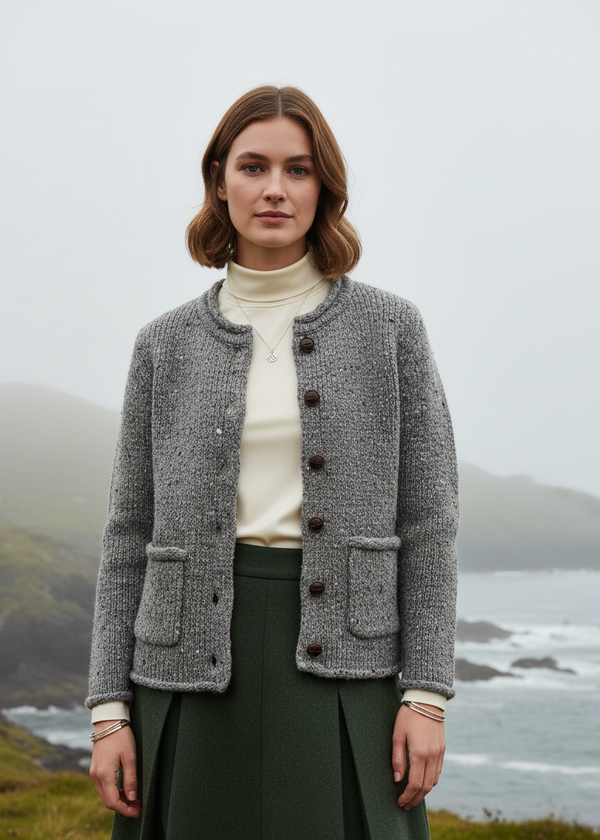 Ladies Donegal Wool Cardigan | Silver Fleck Cable Knit | Aran Woollen Mills