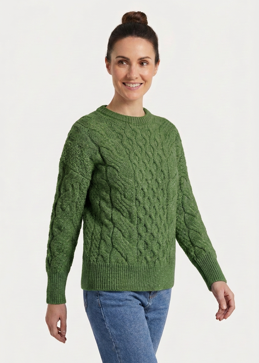 Ladies Long Crop Cable Supersoft Merino Aran Sweater | Meadow Green