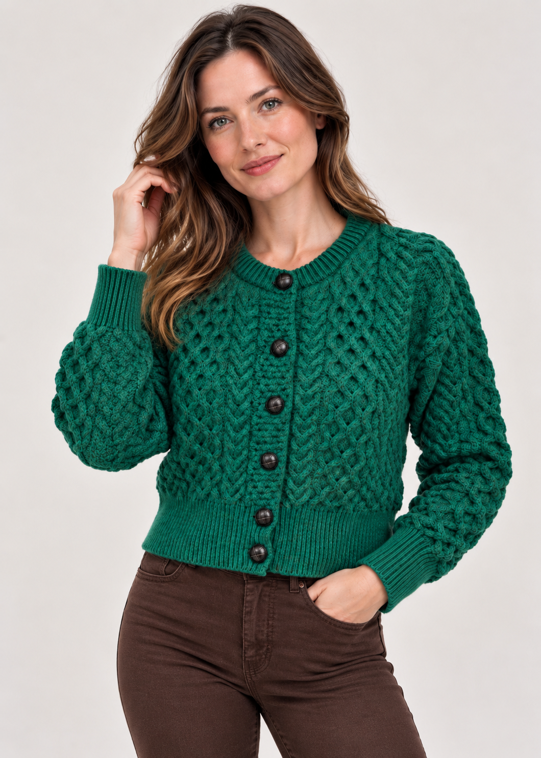 Ladies Merino Cropped Classic Aran Cardigan | Green