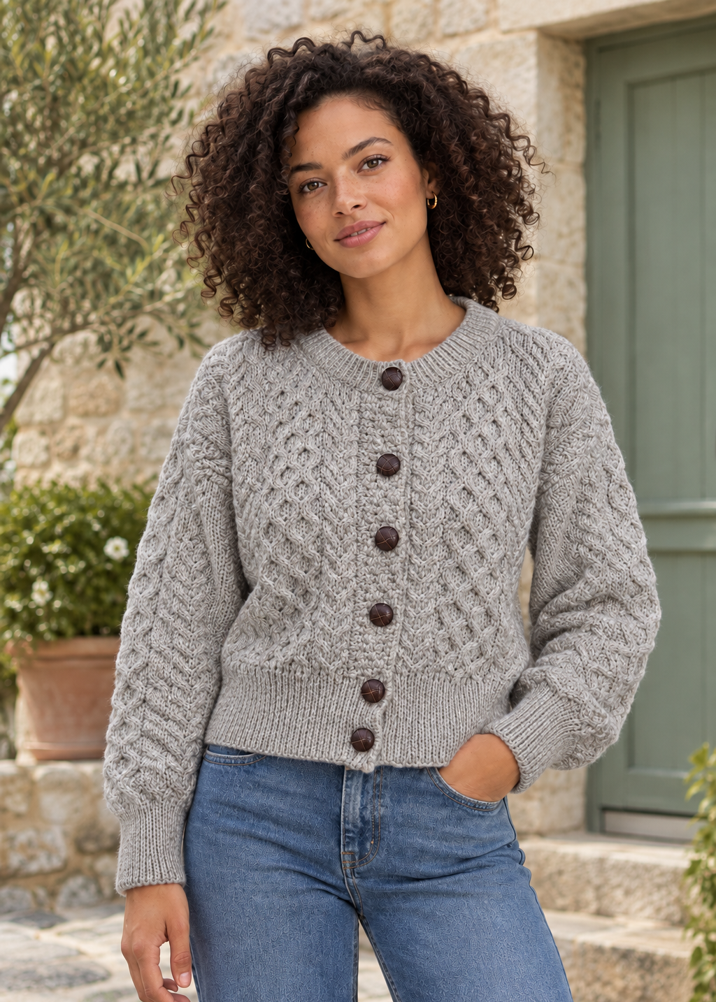 Ladies Merino Cropped Classic Aran Cardigan | Oatmeal