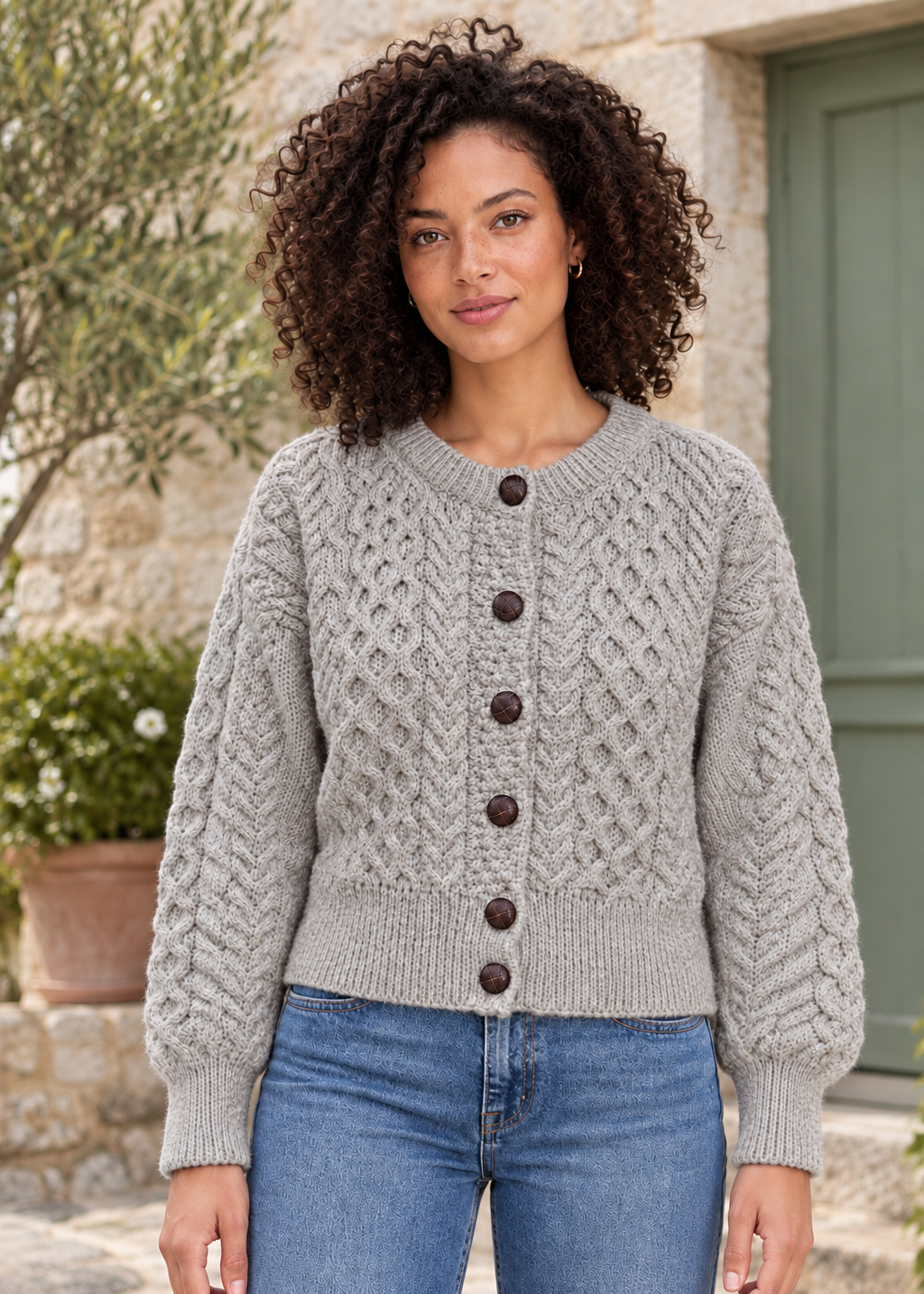 Ladies Merino Cropped Classic Aran Cardigan | Oatmeal