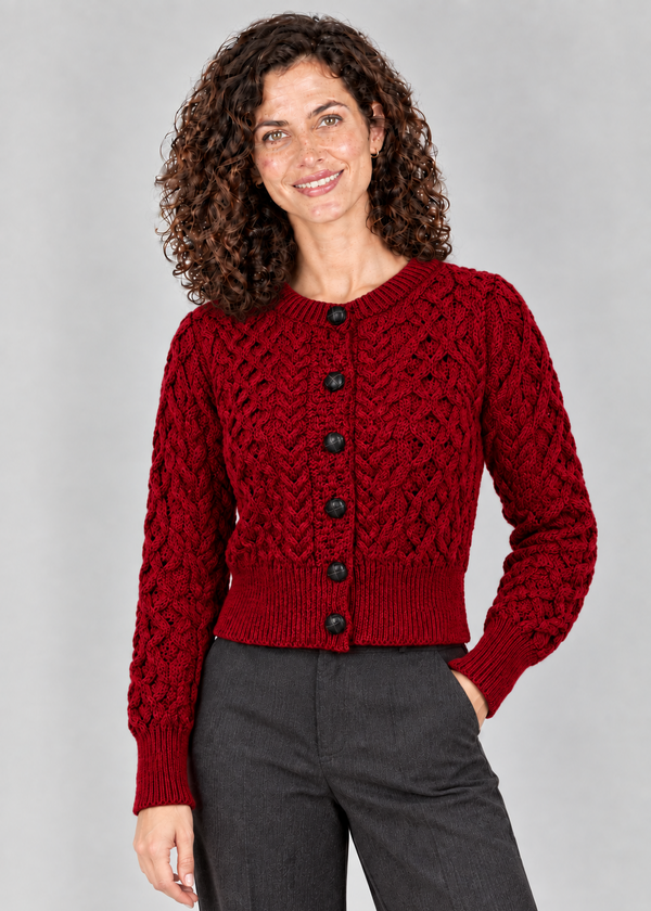 Ladies Merino Cropped Classic Aran Cardigan | Red