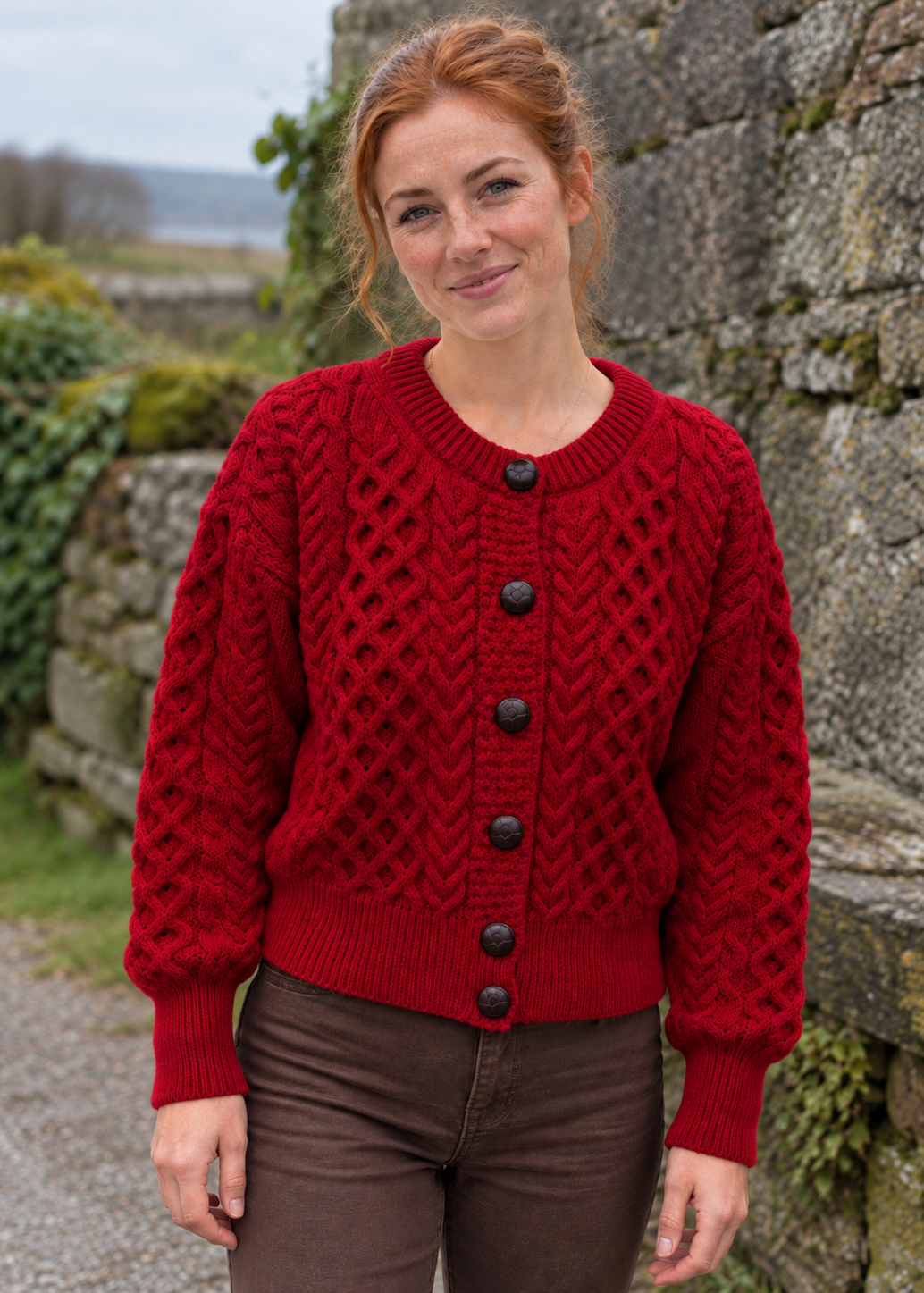 Ladies Merino Cropped Classic Aran Cardigan | Red