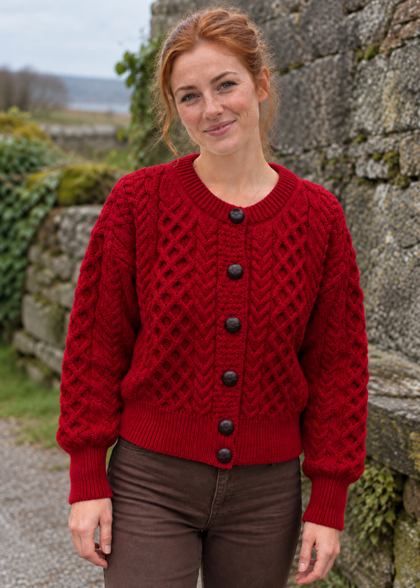 Ladies Merino Cropped Classic Aran Cardigan | Red