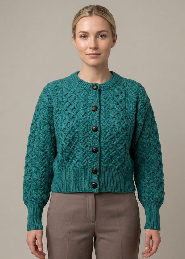 Ladies Merino Cropped Classic Aran Cardigan | Teal