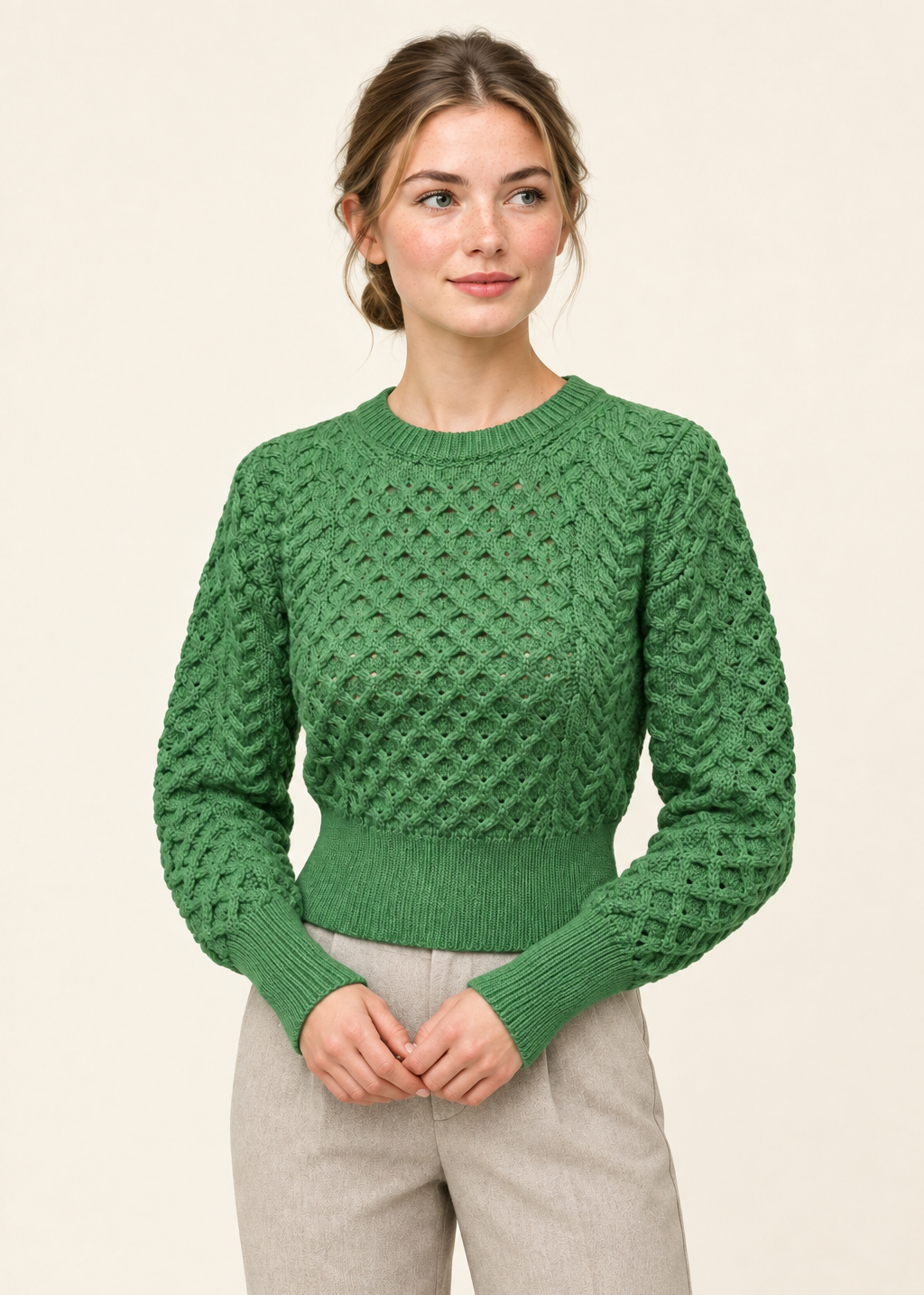 Ladies Merino Cropped Classic Aran Sweater | Green
