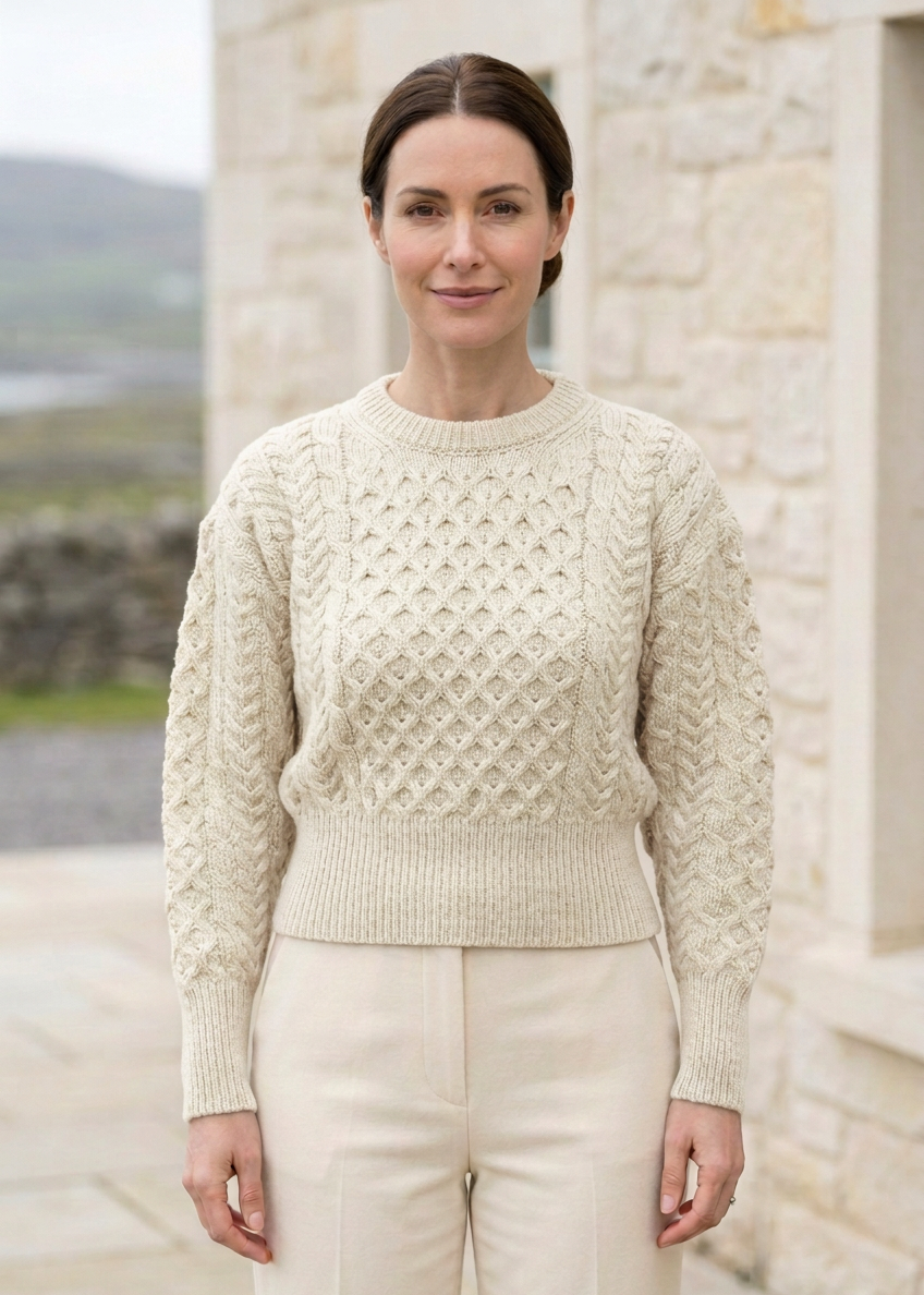 Ladies Merino Cropped Classic Aran Sweater | Natural
