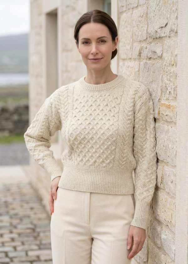 Ladies Merino Cropped Classic Aran Sweater | Natural