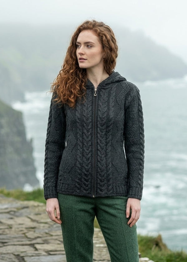 Ladies Merino Wool Aran Hooded Cardigan | Blackwatch
