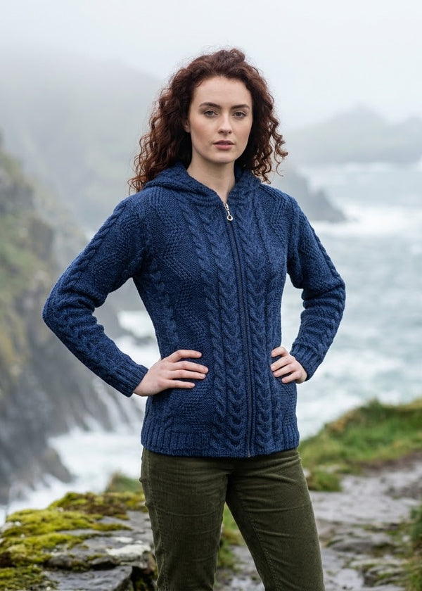 Ladies Merino Wool Aran Hooded Cardigan | Deep Water Blue