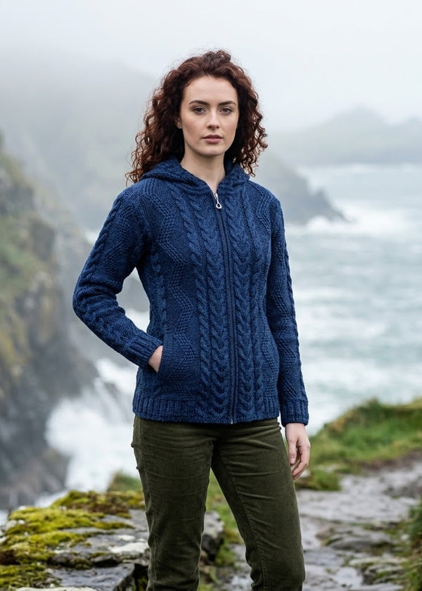 Ladies Merino Wool Aran Hooded Cardigan | Deep Water Blue