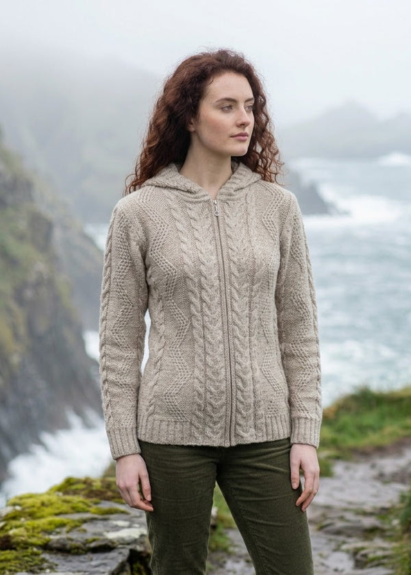 Ladies Merino Wool Aran Hooded Cardigan | Oatmeal