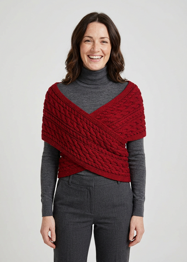 Ladies Merino Wool Cable Crossover Aran Button Wrap | Red