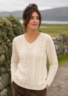Ladies' Merino Wool V-Neck Aran Sweater – Natural