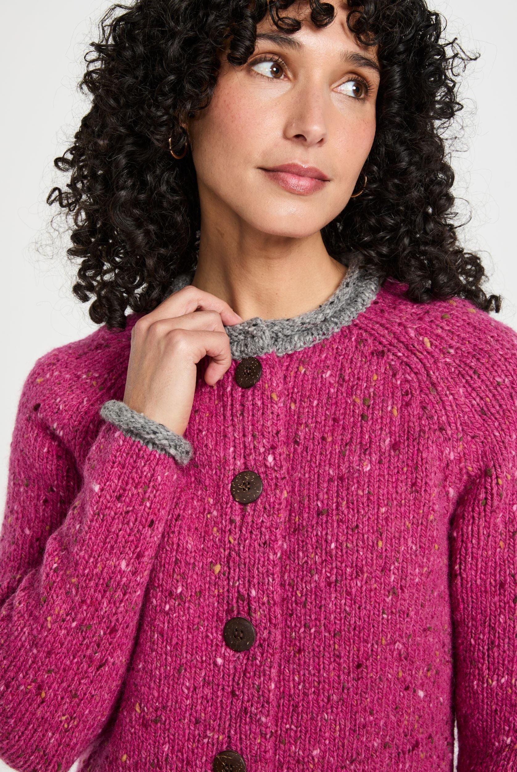 Ladies Raglan Donegal Tweed Cardigan - Pink/Grey