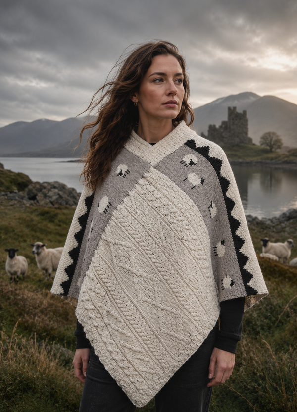 Ladies Sheep Scene V Neck Poncho | Nepp | 100% Pure Wool