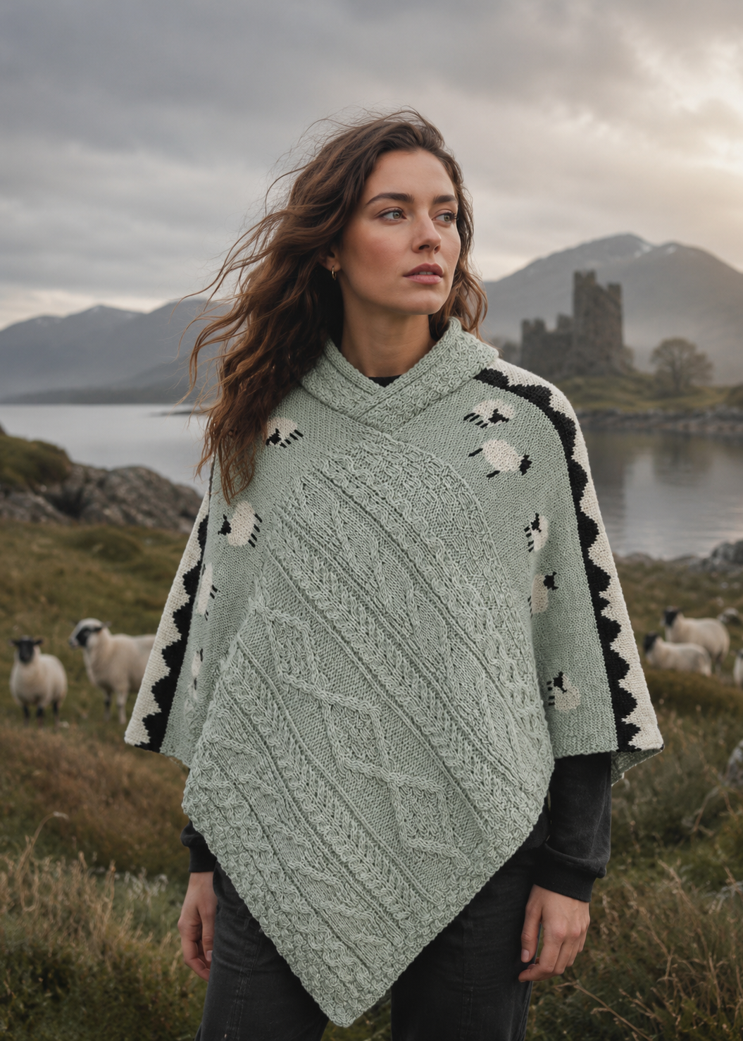 Ladies Sheep Scene V Neck Poncho | Sage Green | 100% Pure Wool