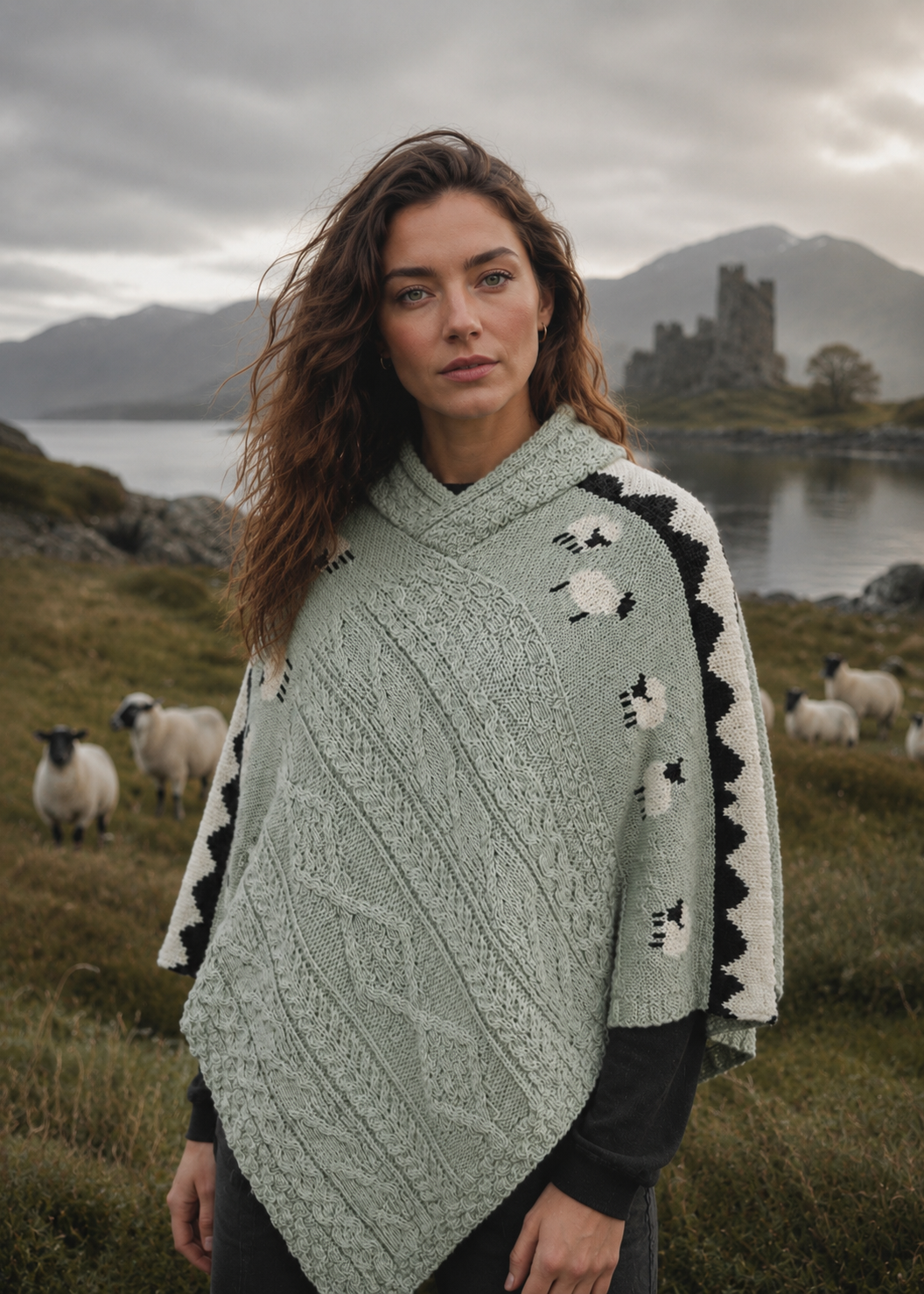 Ladies Sheep Scene V Neck Poncho | Sage Green | 100% Pure Wool