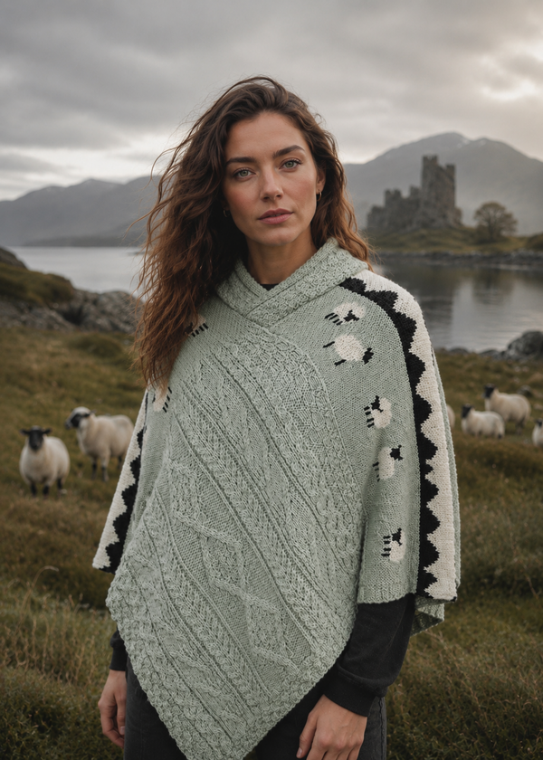 Ladies Sheep Scene V Neck Poncho | Sage Green | 100% Pure Wool