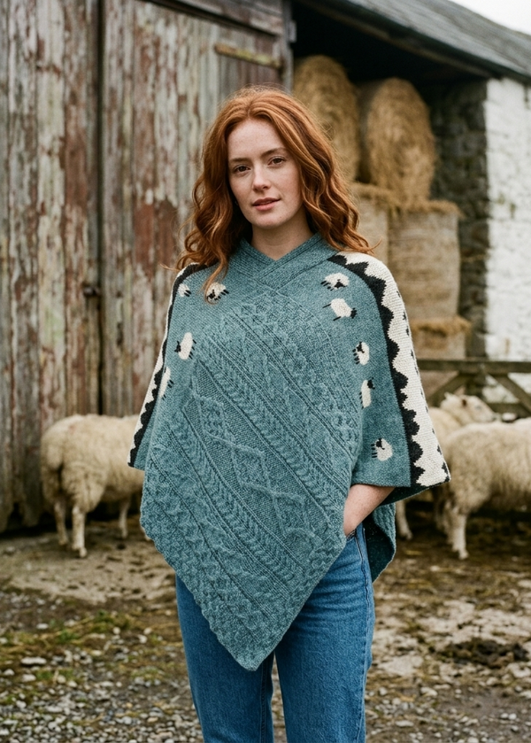 Ladies Sheep Scene V Neck Poncho | Summer Storm | 100% Pure Wool