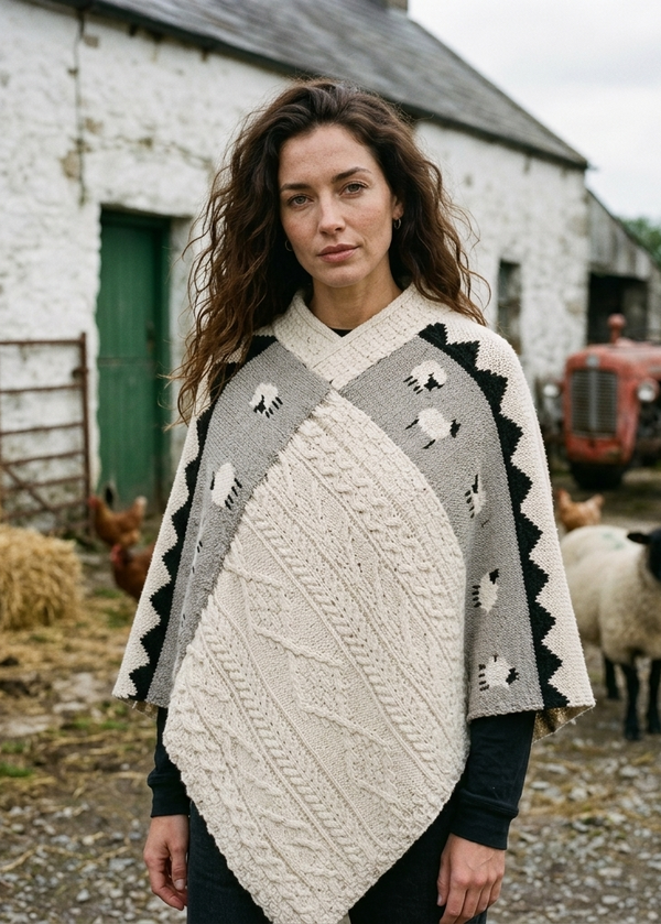 Ladies Sheep Scene V Neck Poncho | Nepp | 100% Pure Wool