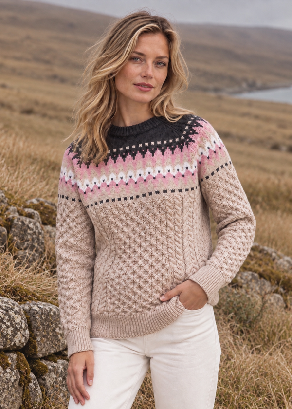 Ladies Slim-Fit Aran Fair Isle Sweater | Beige