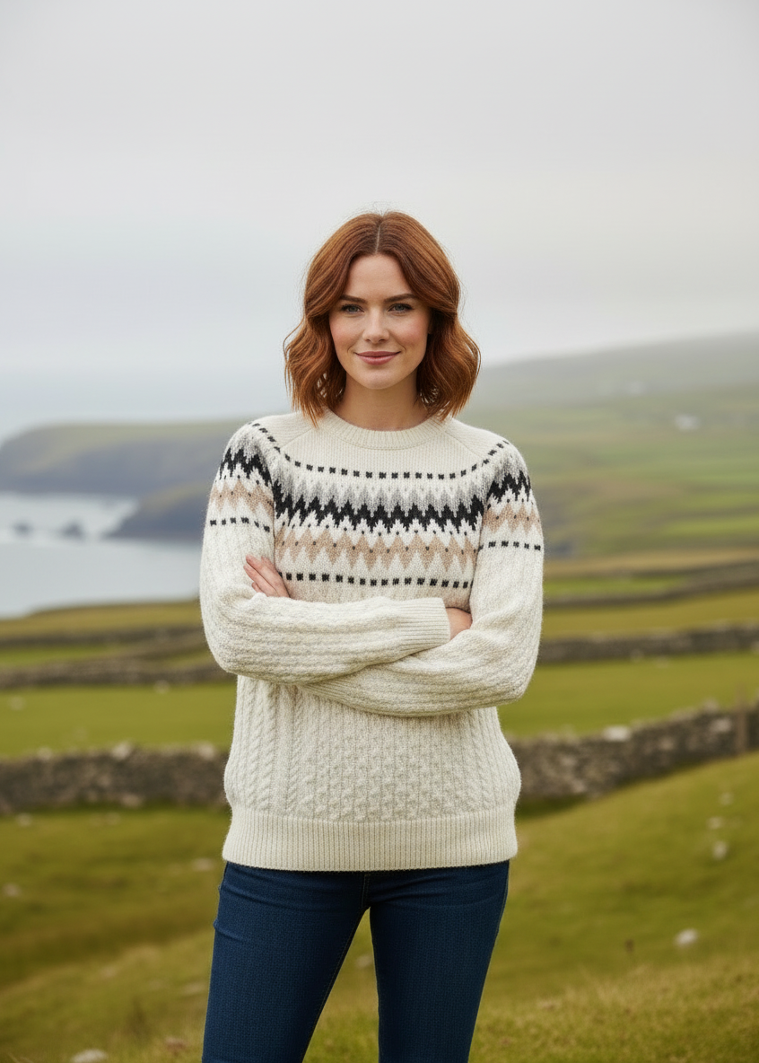 Ladies Slim-Fit Aran Fairisle Sweater - 100% Merino Wool | Natural