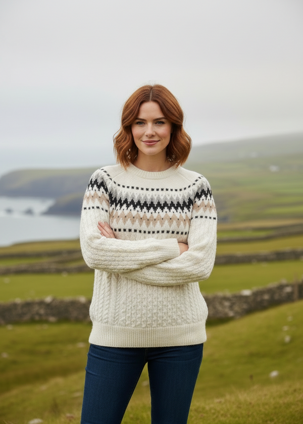 Ladies Slim-Fit Aran Fairisle Sweater - 100% Merino Wool | Natural