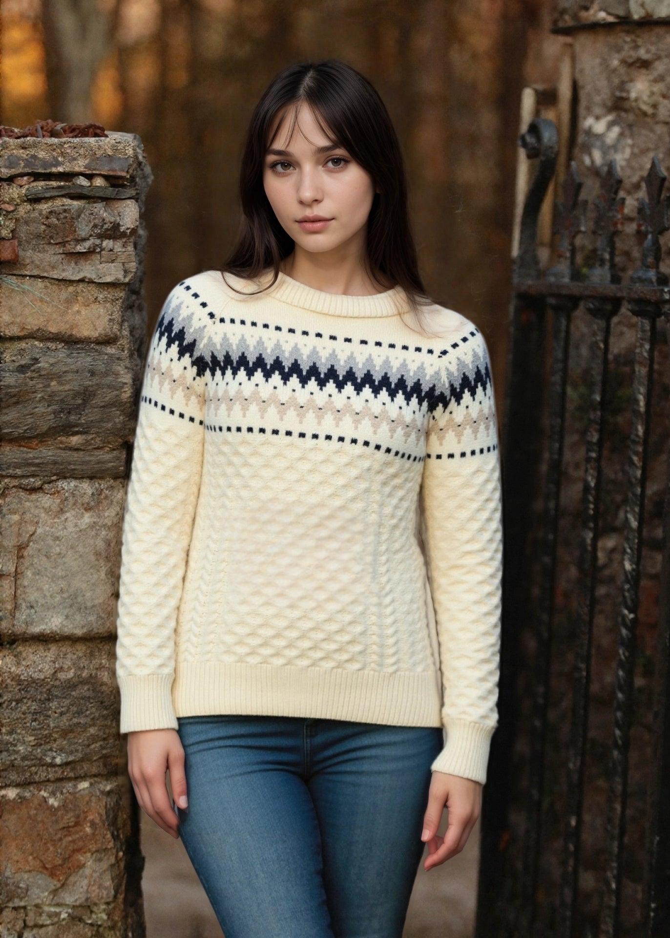 Ladies Slim-Fit Aran Fairisle Sweater | Natual