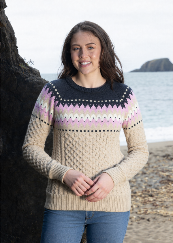 Ladies Slim-Fit Aran Fairisle Sweater | Camel