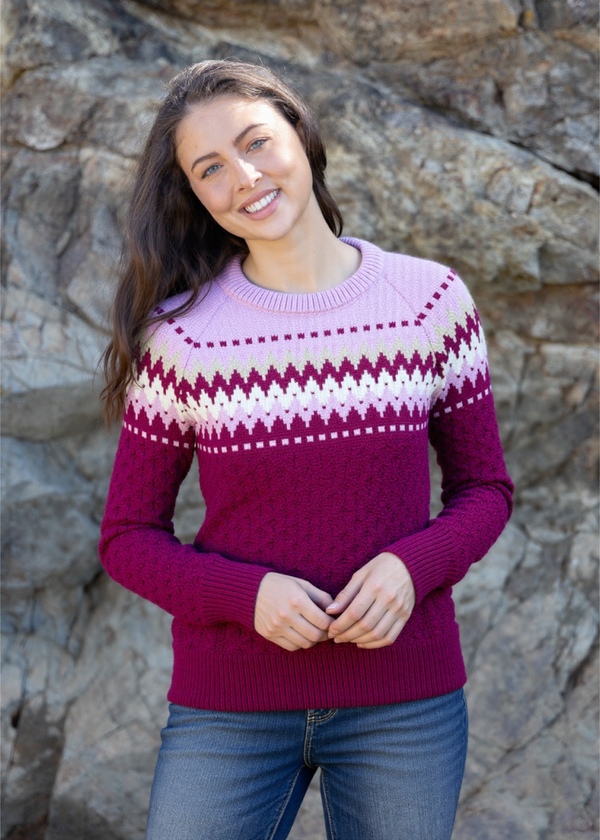 Ladies Slim-Fit Aran Fairisle Sweater | Raspberry Marl