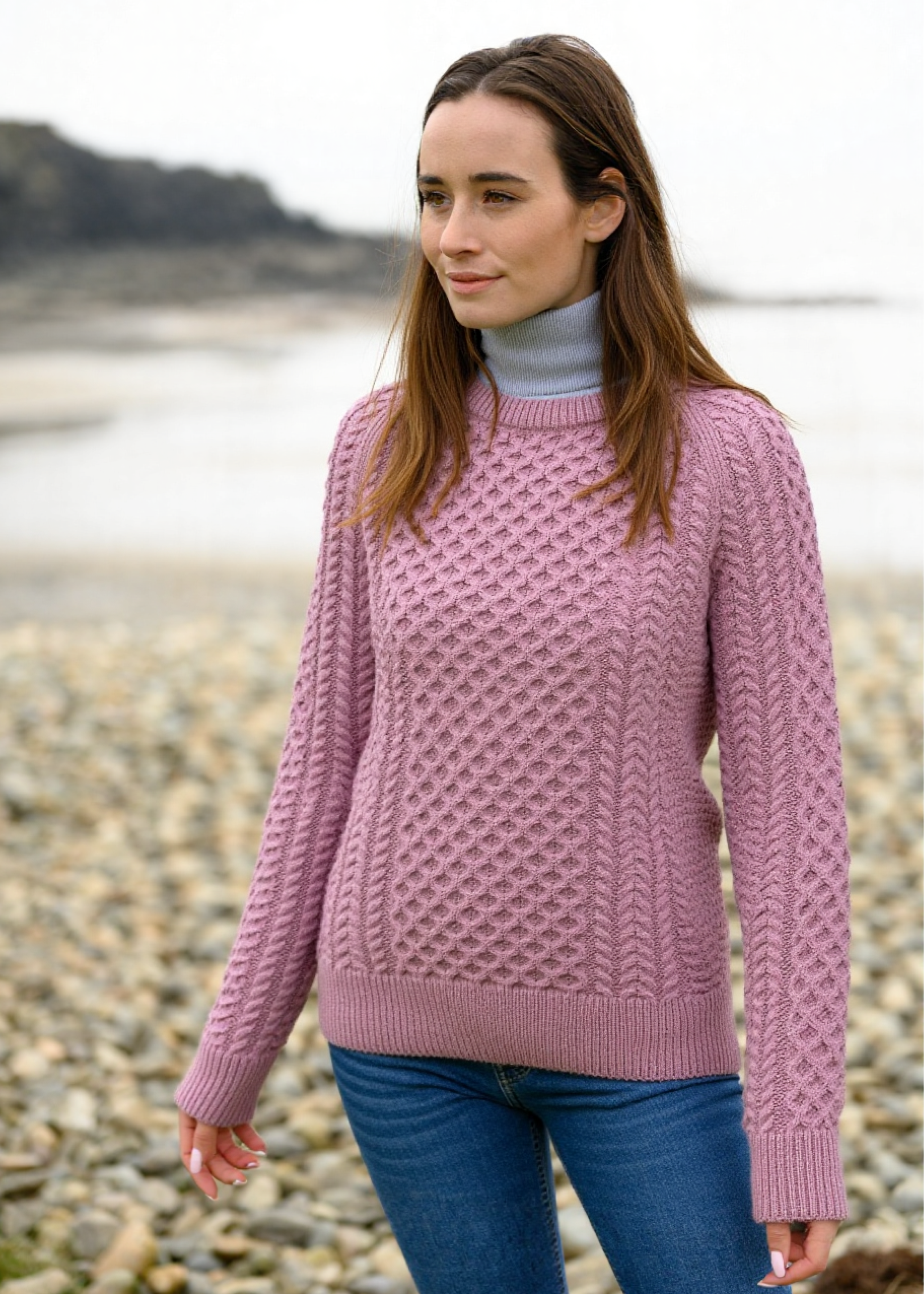 Ladies Slim-Fit Aran Sweater | Pink
