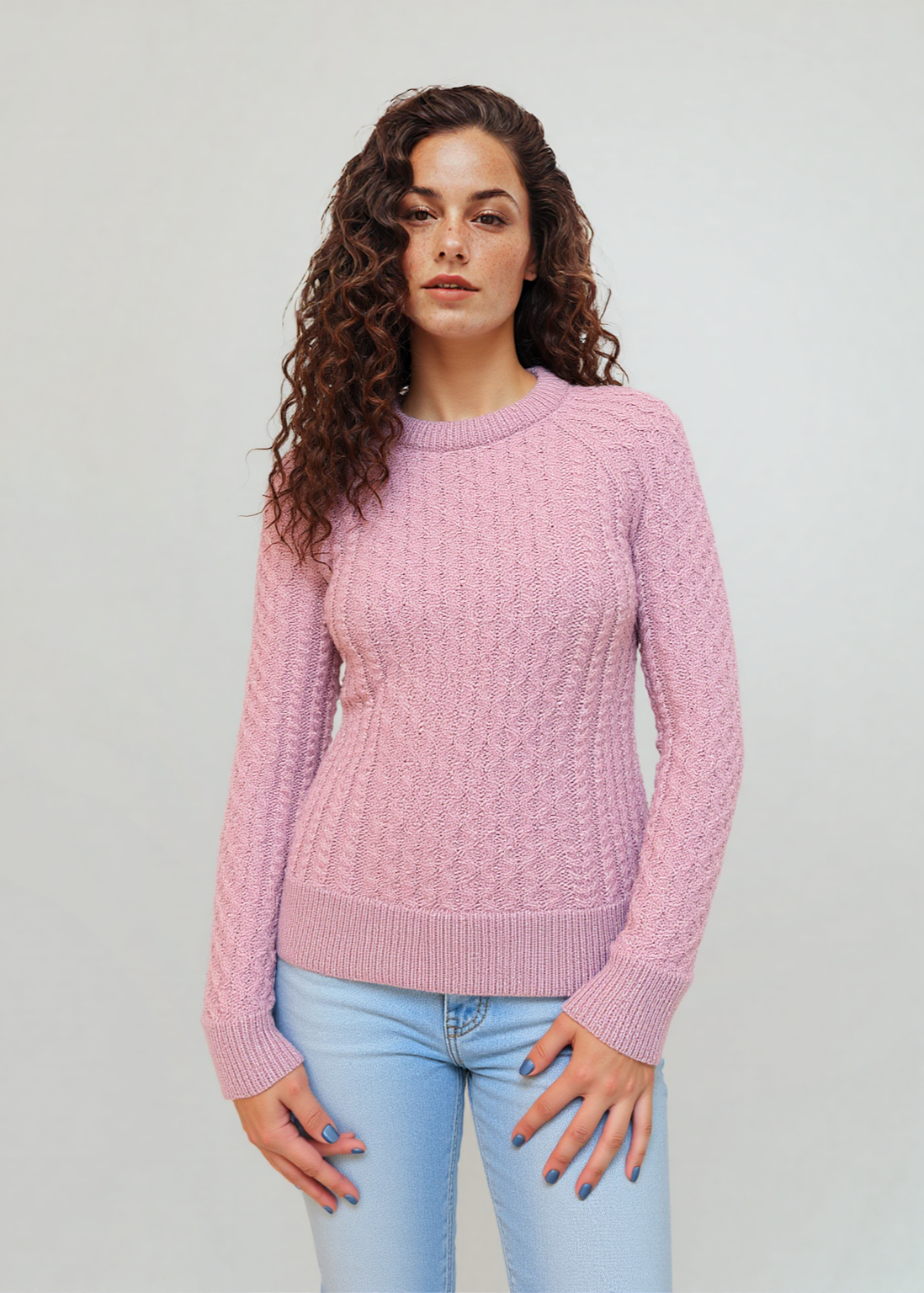 Ladies Slim-Fit Aran Sweater | Pink