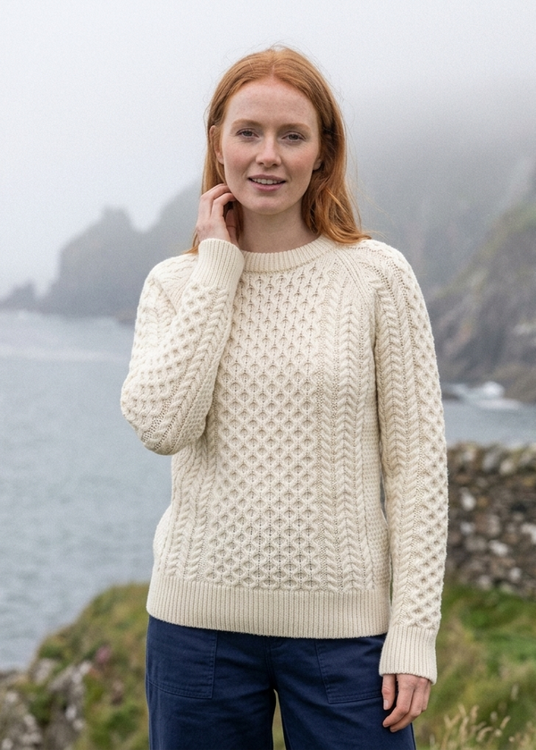 Ladies Slim-Fit Aran Sweater | Premium Merino Wool | Natural
