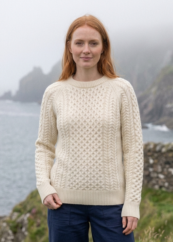 Ladies Slim-Fit Aran Sweater | Premium Merino Wool | Natural