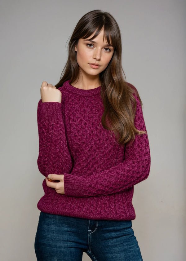 Ladies Slim-Fit Aran Sweater | Raspberry
