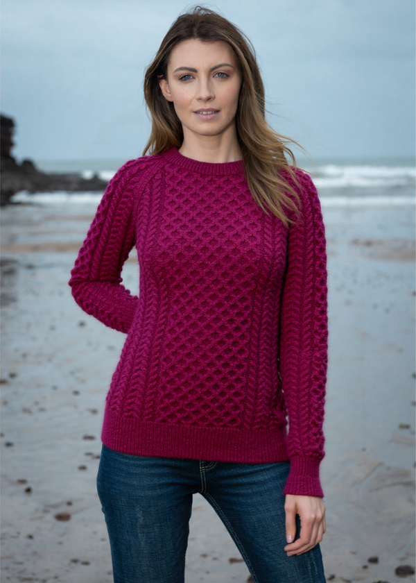 Ladies Slim-Fit Aran Sweater | Raspberry