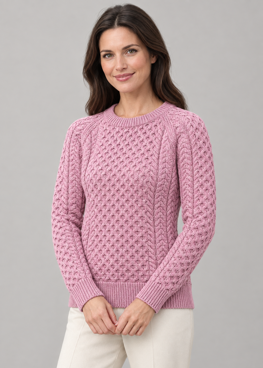 Ladies Slim-Fit Aran Sweater | Rose Pink | 100% Merino Wool