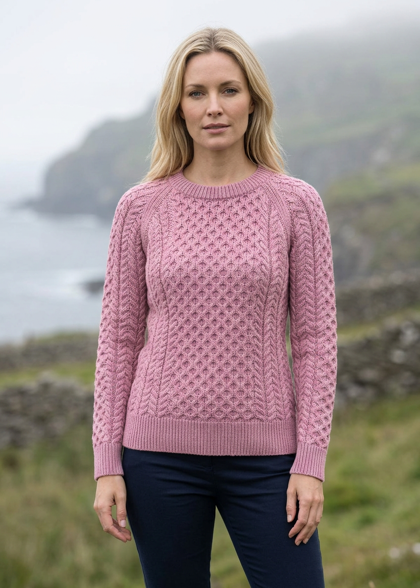 Ladies Slim-Fit Aran Sweater | Rose Pink | 100% Merino Wool