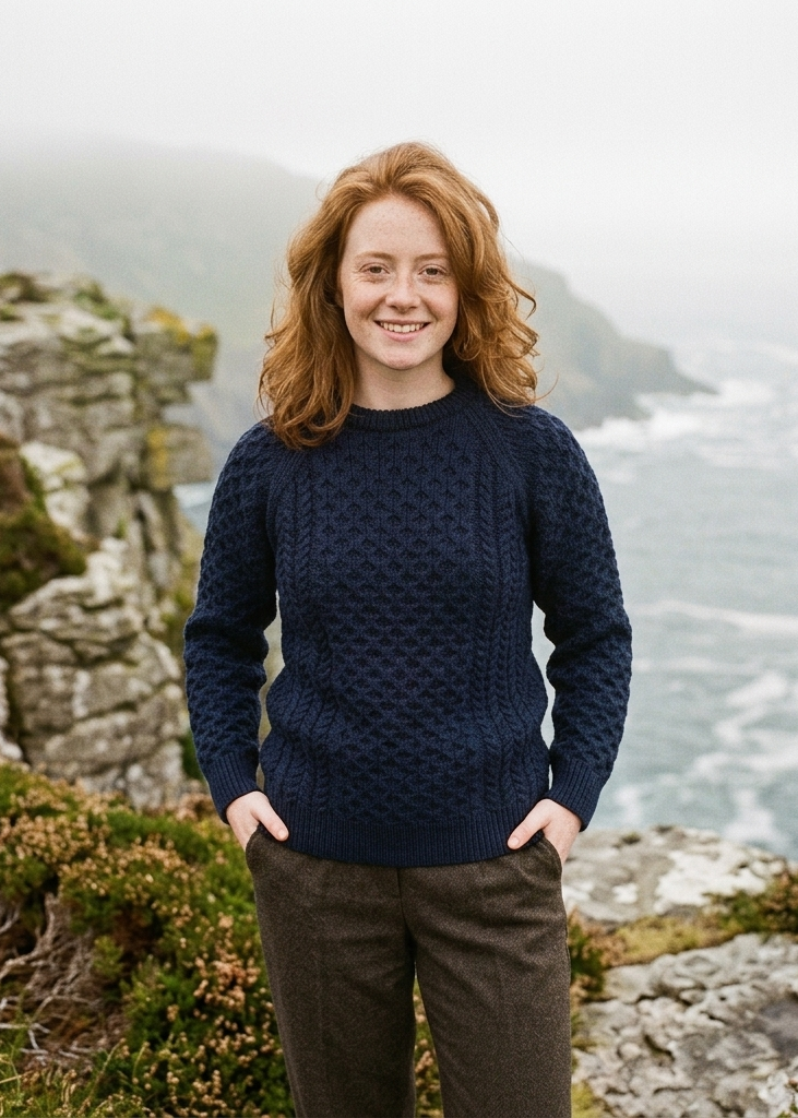 Ladies Slim-Fit Aran Sweater in Navy | Premium Merino Wool
