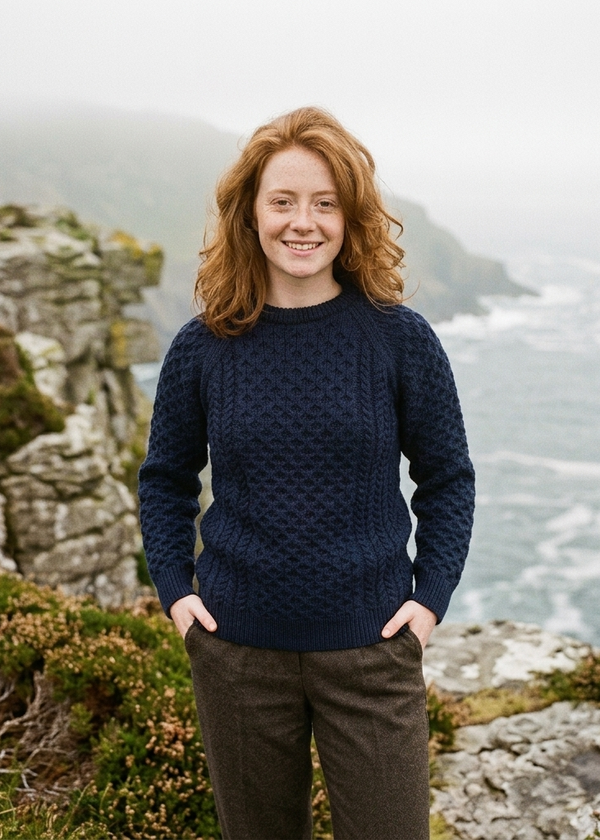 Ladies Slim-Fit Aran Sweater in Navy | Premium Merino Wool