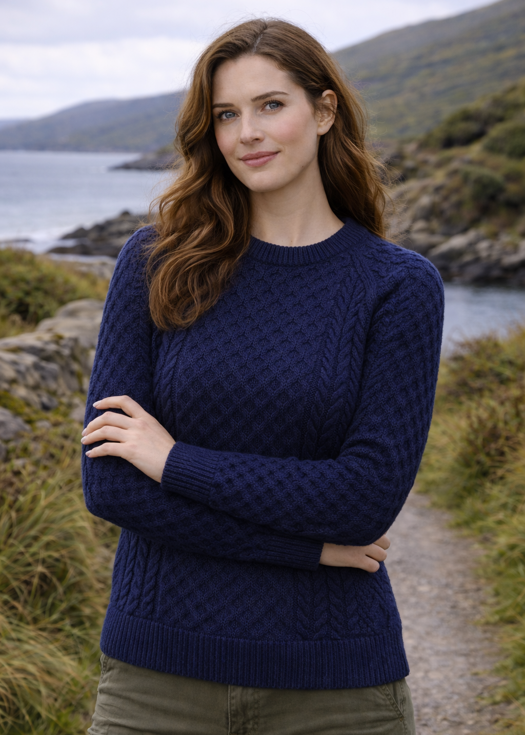 Ladies Slim-Fit Aran Sweater in Navy | Premium Merino Wool