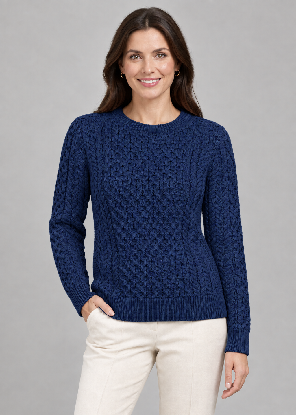 Ladies Slim-Fit Aran Sweater in Navy | Premium Merino Wool