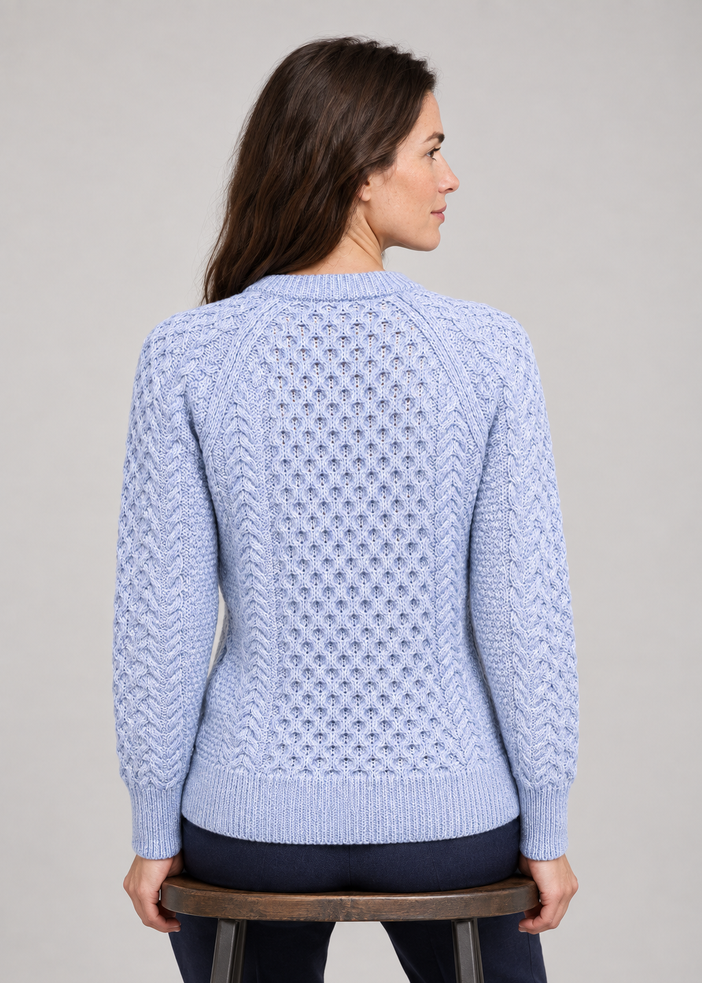 Ladies Slim-Fit Aran Sweater in Sky Blue | Premium Merino Wool