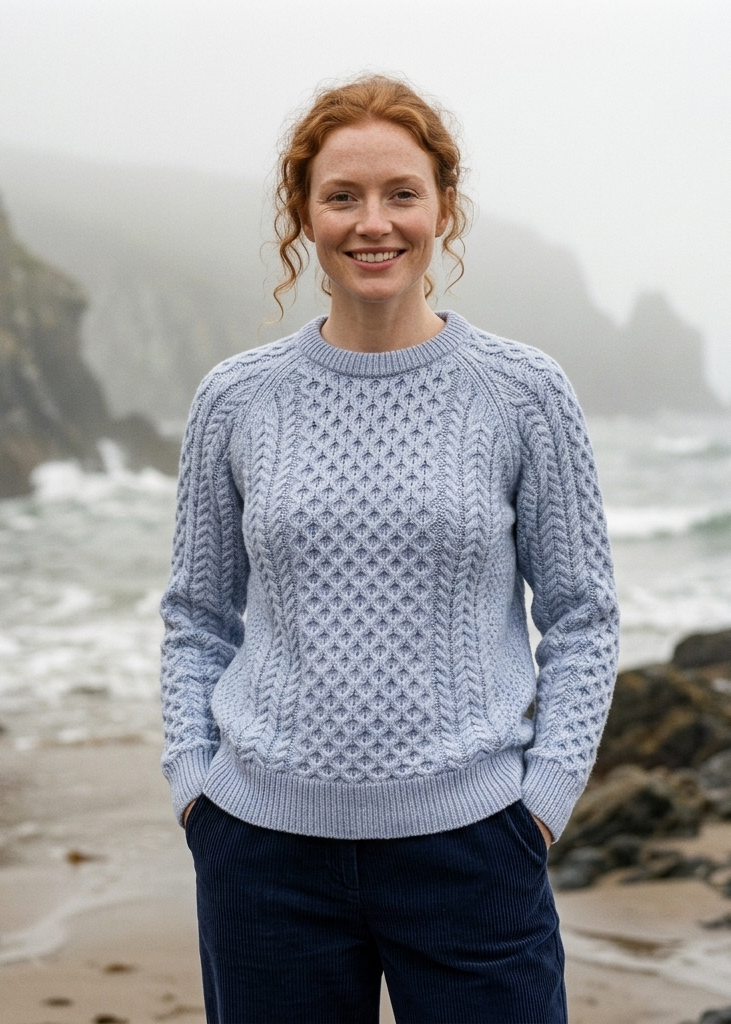 Ladies Slim-Fit Aran Sweater in Sky Blue | Premium Merino Wool