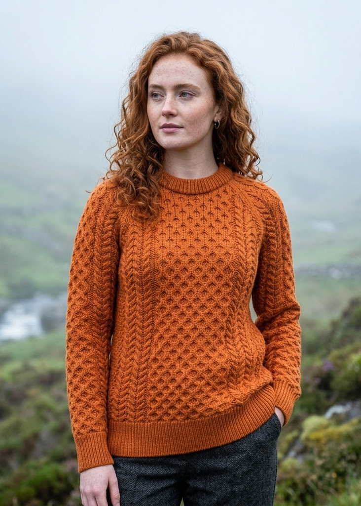 Ladies Slim-Fit Aran Sweater in Terracotta | 100% Merino Wool
